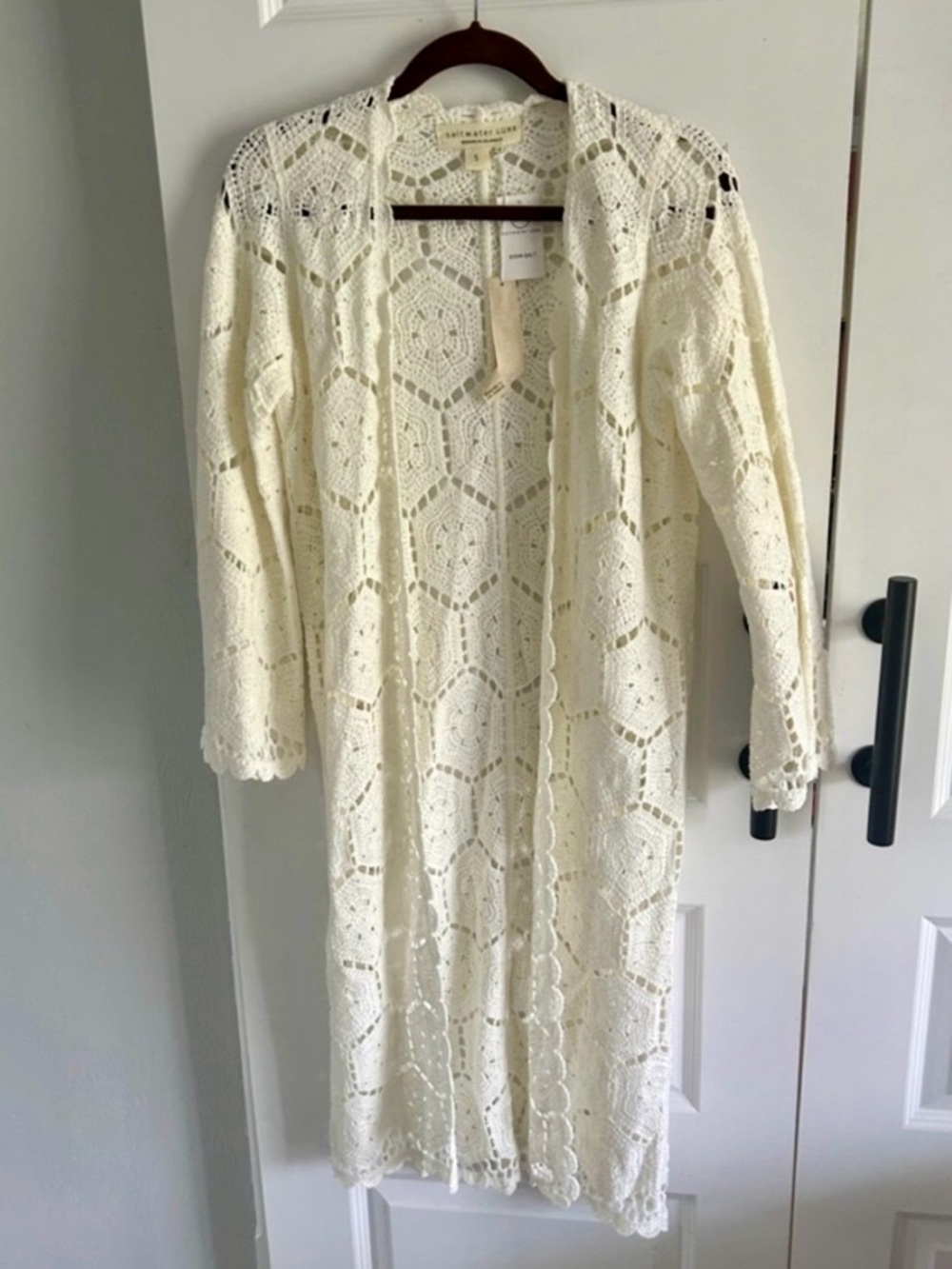 Anthro Saltwater LUXE BOHO Cream Crochet Longline Open Cardigan small